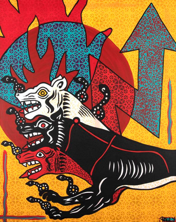 Grafitti like painting of a three-headed dog creature with a circle and an arrow in the background. Background is mostly red, light blue, and yellow.